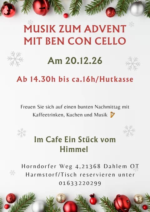 Musik zum Advent mit Ben con Cello am 20.12.2026