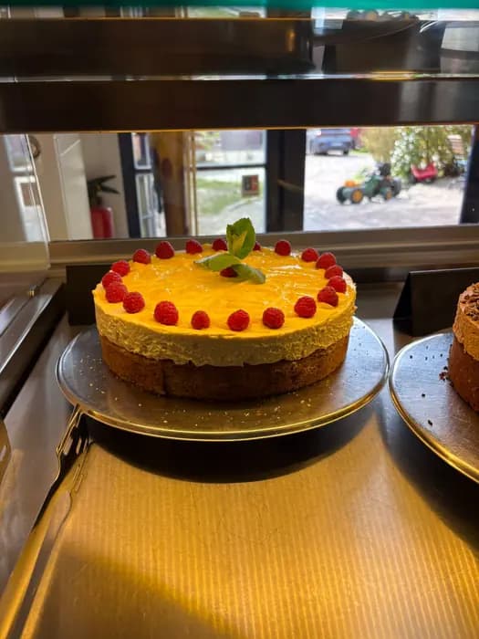 Mangotorte mit frischen Beeren auf der Theke
