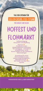 Flyer: Hoffest und Flohmarkt am 20.09.2026, 10-17 Uhr, Horndorfer Weg 4, 21368 Harmstorf